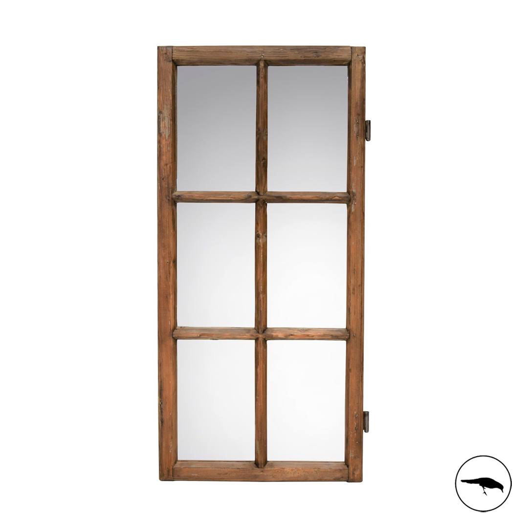 Six pane rustic wooden mirror. Up-cycled wooden window frame. Worn wood. Hinges.