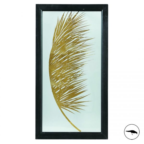 Gold leaf glass art work. Wall art. Halved palm leaf. Black frame. Transparent.