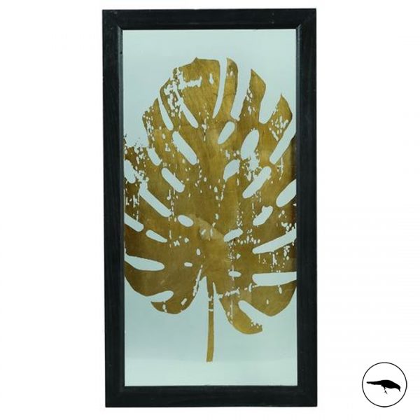Gold leaf glass art work. Wall art. Cheese plant leaf. Black frame. Transparent