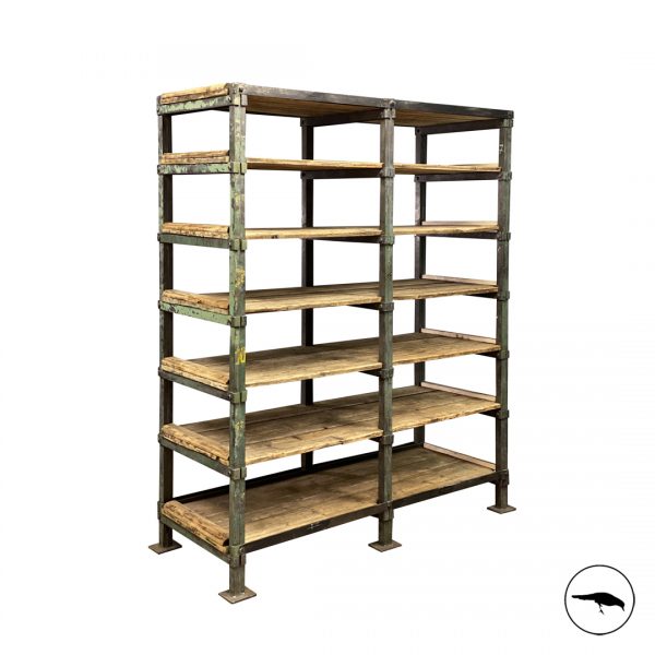Heavy duty industrial shelving unit. Reclaimed. Old wood boards, worn paint work layer. Rustic. Industrial.