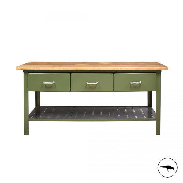 Unique green sideboard. Reclaimed bakery bench. Metal wood. Kitchen island. Industrial kitchen workbench.