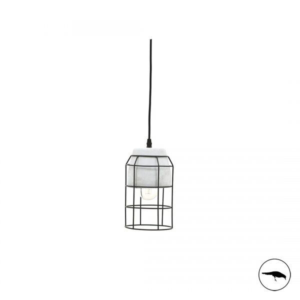 caged concrete pendent light. Concrete effect industrial statement lighting. Grey gallery, black wire. Modern.