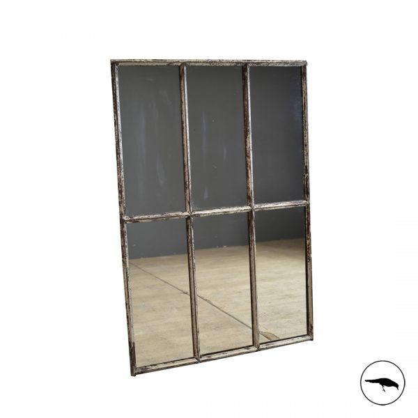 Six pane metal mirror. Up-cycled metal window pane frame. worn tarnished metal. Authentic.
