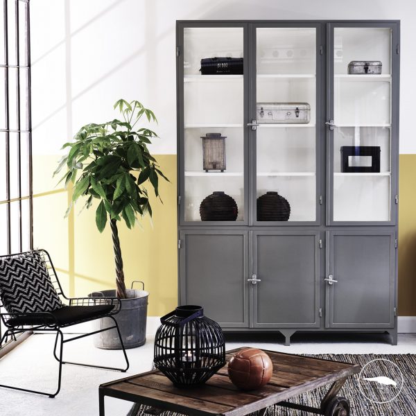 Grey pharmacy cabinet. Metal display unit. Steel and glass. Contemporary. Modern industrial feel.