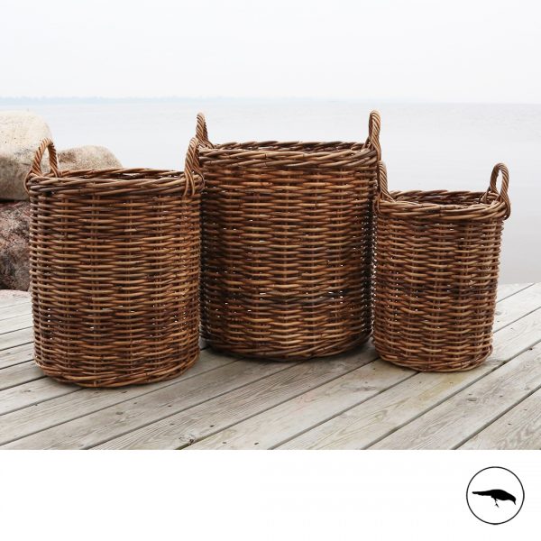 triple set of wicker baskets. Grey brown finish. Weathered.